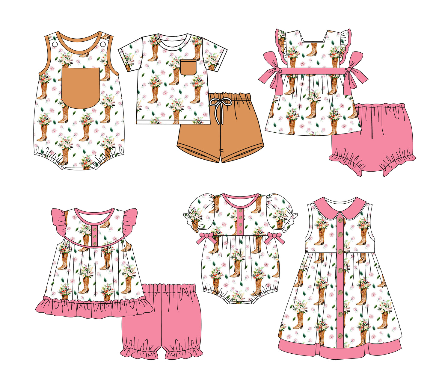 3.3(Custom Design Preorder MOQ 5 Each Design) Boots Flowers Print Kids Summer Matching Clothes Sibling Wear