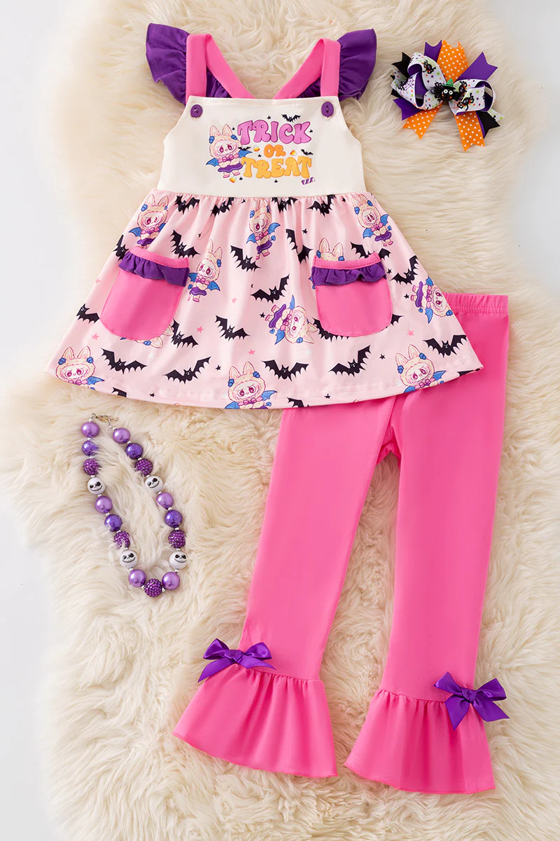 (Custom Design Preorder MOQ 5 Each Design) Cartoon Labub* Bat Pink Print Girls Halloween Matching Clothes Sisters Wear