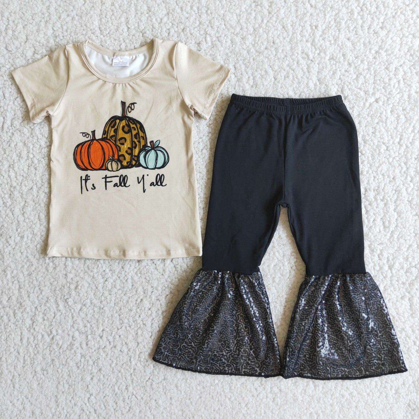 (Promotion)It's fall y'all Pumpkin Top Bell Sequin Pants Girls Outfits    	 A0-11