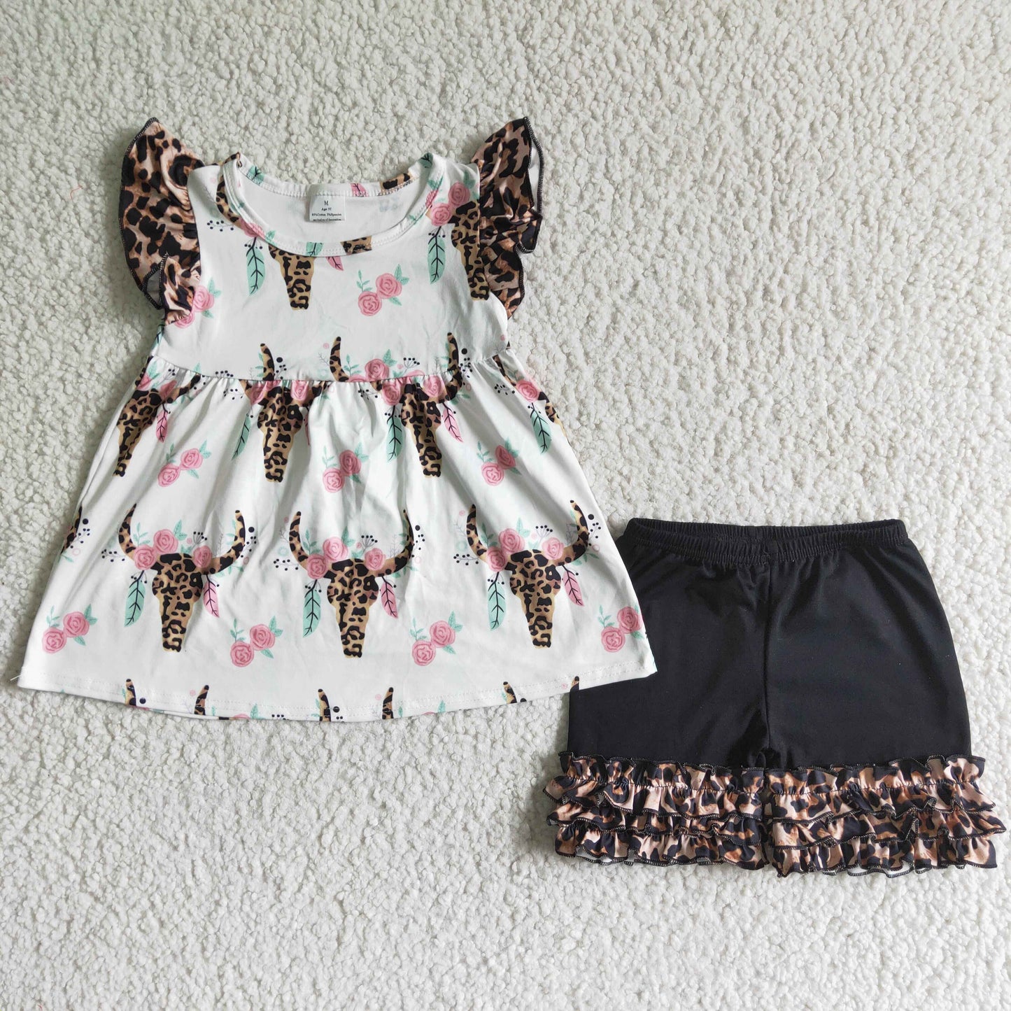 (Promotion)A18-1 Cow Skull Leopard Flowers Top Ruffles Shorts Girls Summer Outfits