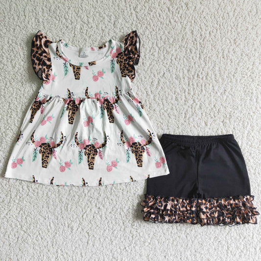 (Promotion)A18-1 Cow Skull Leopard Flowers Top Ruffles Shorts Girls Summer Outfits