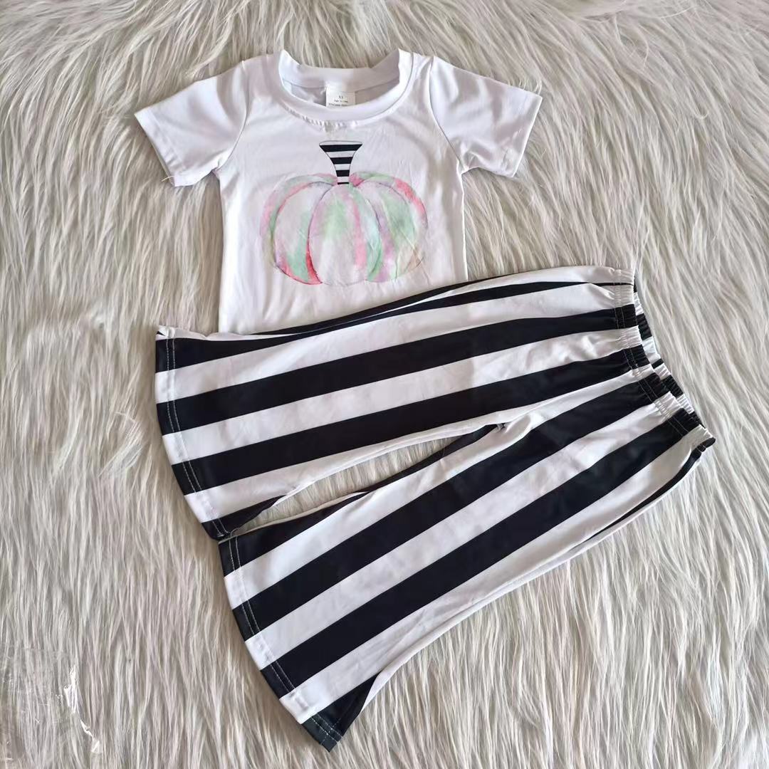 (Promotion) A7-5 Colorful Pumpkin Top Black Stripes Bell Pants Girls Fall Outfits
