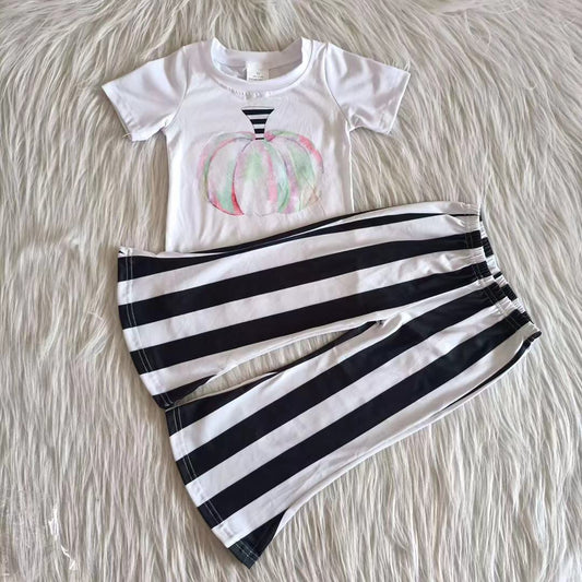 (Promotion) A7-5 Colorful Pumpkin Top Black Stripes Bell Pants Girls Fall Outfits
