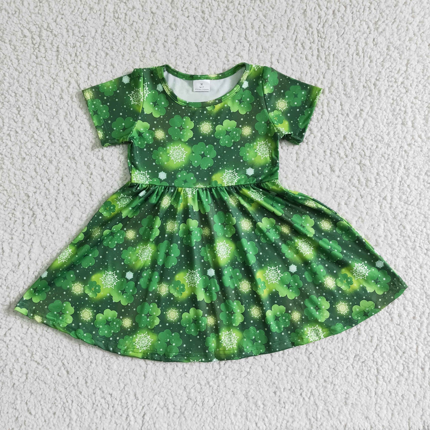 (Promotion)A8-10 Green Leaf Short Sleeve Girls St. Patrick's Day Knee Length Dress