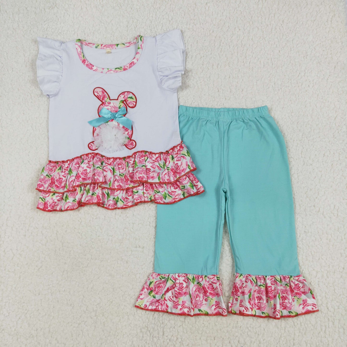 (Promotion)A9-1 Bunny Embroidery Ruffle Top Capris Pants Girls Easter Outfits