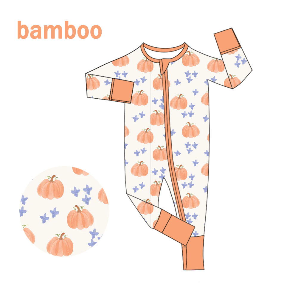 (Custom Design Preorder MOQ 20) Pumpkin Print Baby Girls Fall Long Sleeve Bamboo Sleeper Zipper Romper