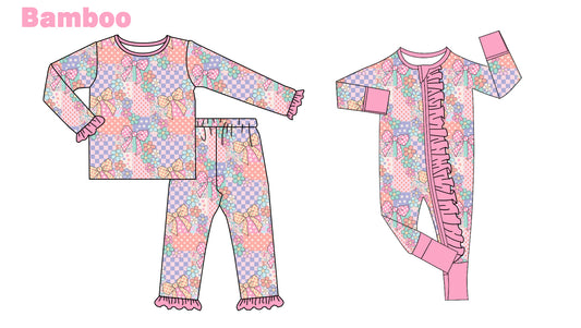 (Custom Design Preorder MOQ 20 Each Design) Flowers Bows Print Girls Pajamas Matching Bamboo Clothes Sisters Wear