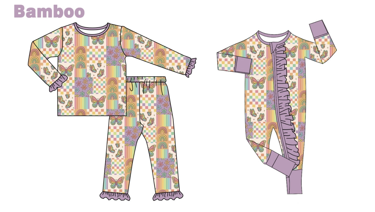 (Custom Design Preorder MOQ 20 Each Design) Rainbow Flowers Print Girls Pajamas Matching Bamboo Clothes Sisters Wear