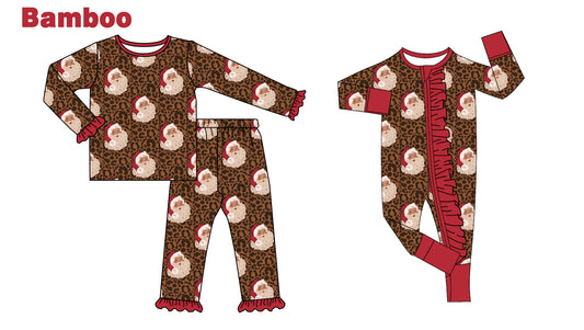(Custom Design Preorder MOQ 20 Each Design) Santa Leopard Print Girls Christmas Pajamas Matching Bamboo Clothes Sisters Wear