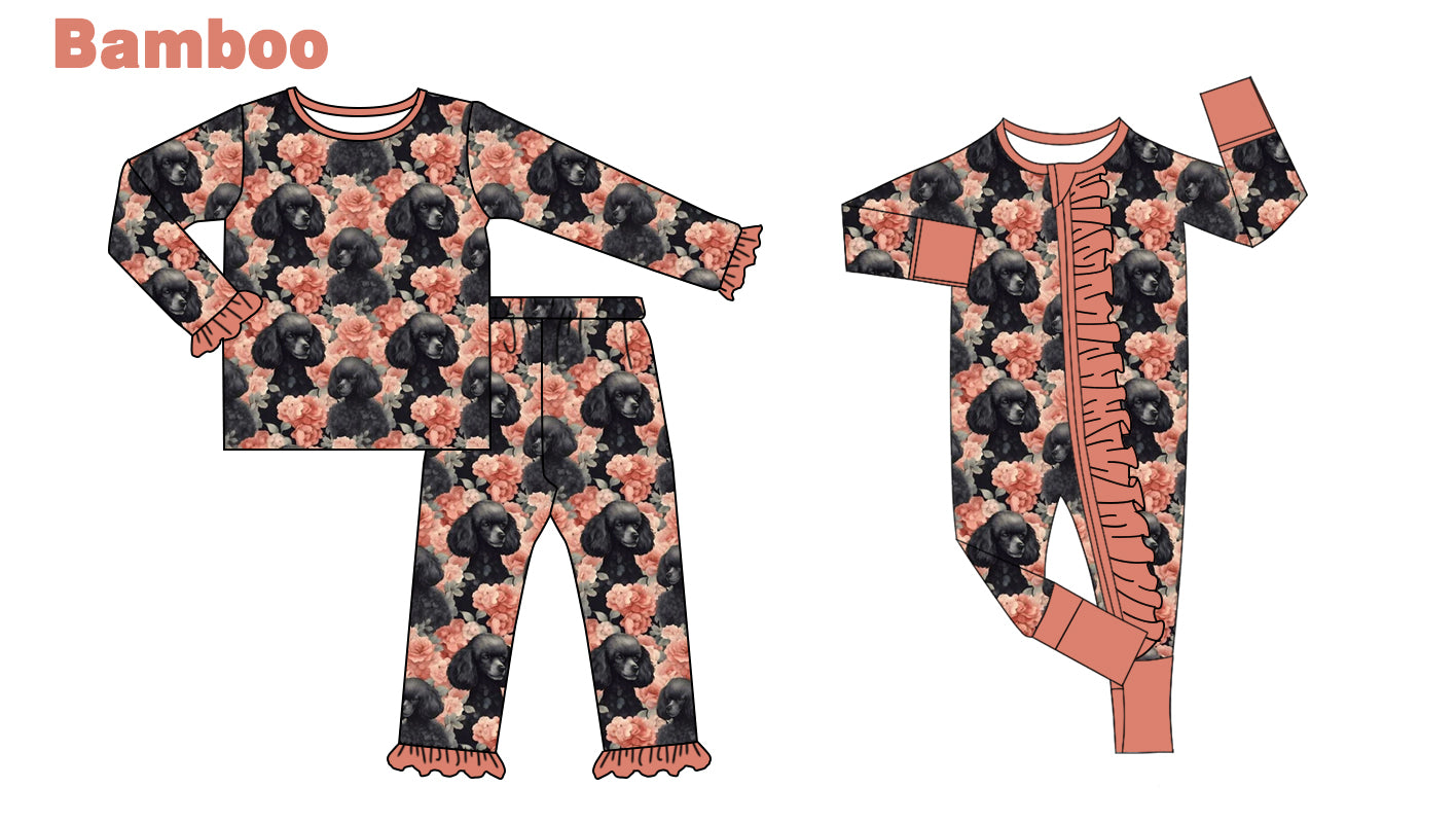 (Custom Design Preorder MOQ 20 Each Design) Flowers Dog Print Girls Pajamas Matching Bamboo Clothes Sisters Wear