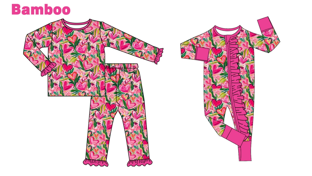 (Custom Design Preorder MOQ 20 Each Design) Flowers Heart Print Girls Valentine's Day Pajamas Matching Bamboo Clothes Sisters Wear