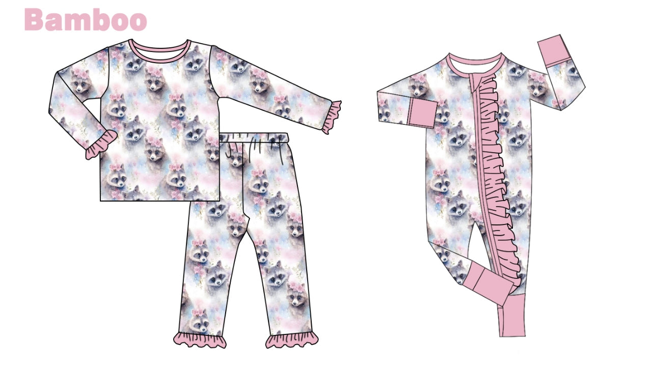 (Custom Design Preorder MOQ 20 Each Design) Flowers Raccoon Print Girls Pajamas Matching Bamboo Clothes Sisters Wear