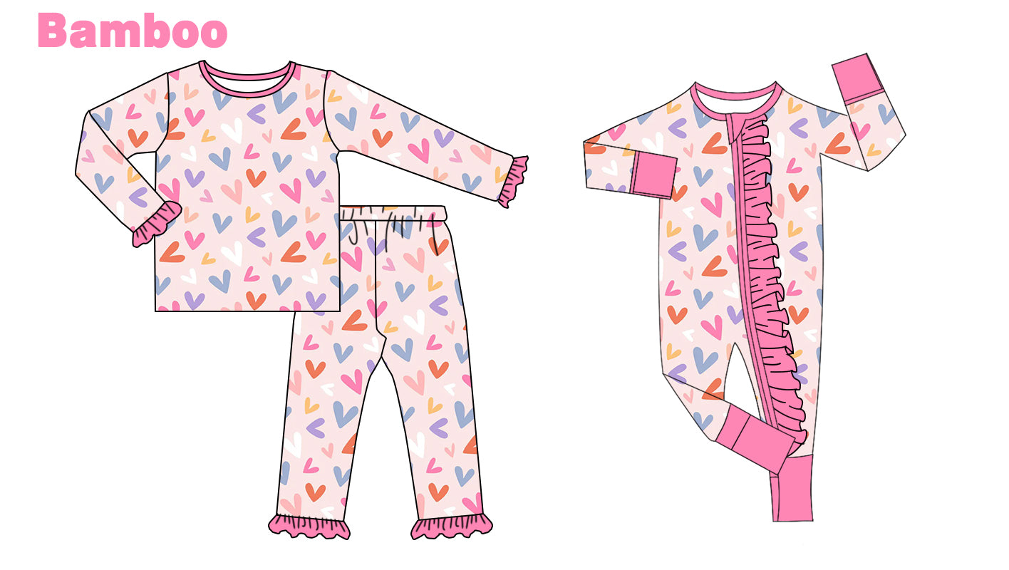 (Custom Design Preorder MOQ 20 Each Design) Colorful Heart Print Girls Valentine's Day Pajamas Matching Bamboo Clothes Sisters Wear