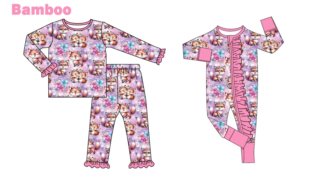 (Custom Design Preorder MOQ 20 Each Design) Flowers Fox Print Girls Pajamas Matching Bamboo Clothes Sisters Wear