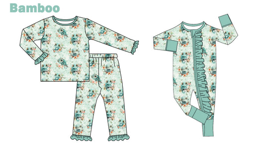 (Custom Design Preorder MOQ 20 Each Design) Flowers Chameleon Print Girls Pajamas Matching Bamboo Clothes Sisters Wear