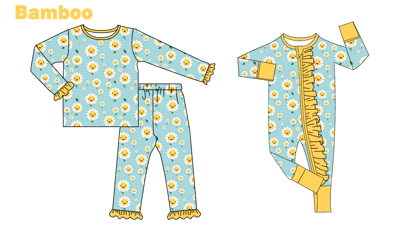 (Custom Design Preorder MOQ 20 Each Design) Flowers Smiling Face Print Girls Pajamas Matching Bamboo Clothes Sisters Wear