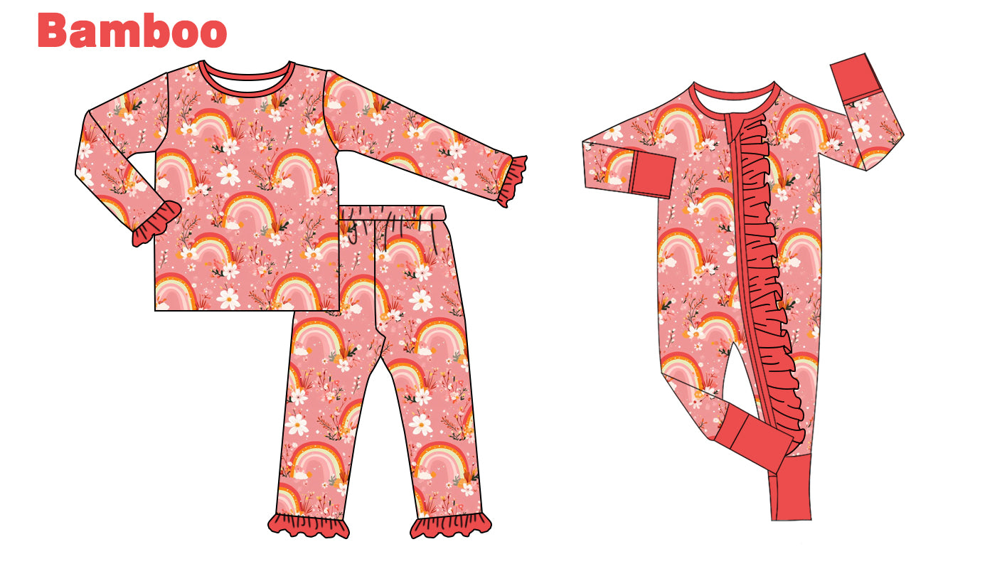 (Custom Design Preorder MOQ 20 Each Design) Flowers Rainbow Print Girls Fall Pajamas Matching Bamboo Clothes Sisters Wear