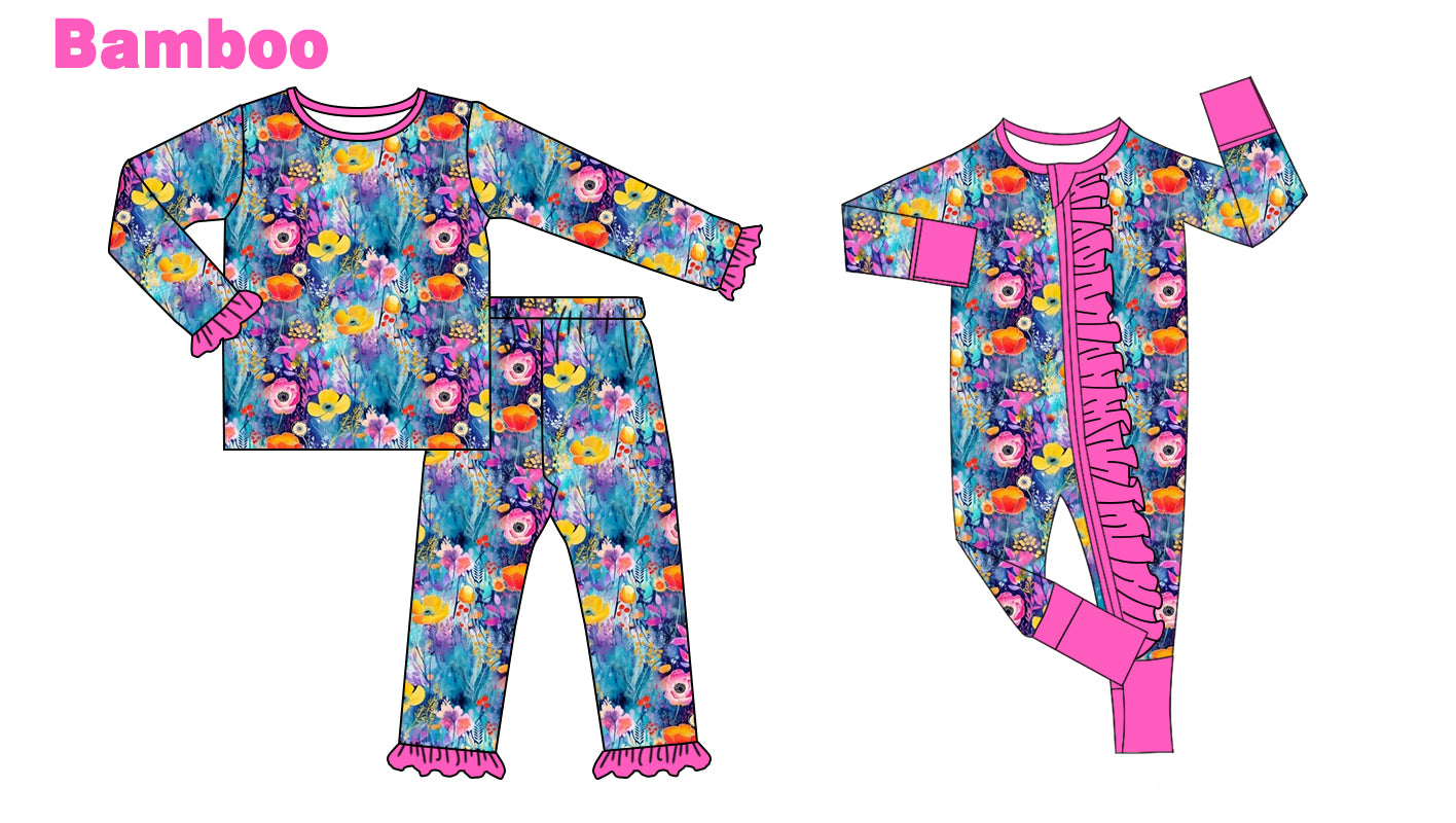 (Custom Design Preorder MOQ 20 Each Design) Colorful Flowers Print Girls Pajamas Matching Bamboo Clothes Sisters Wear