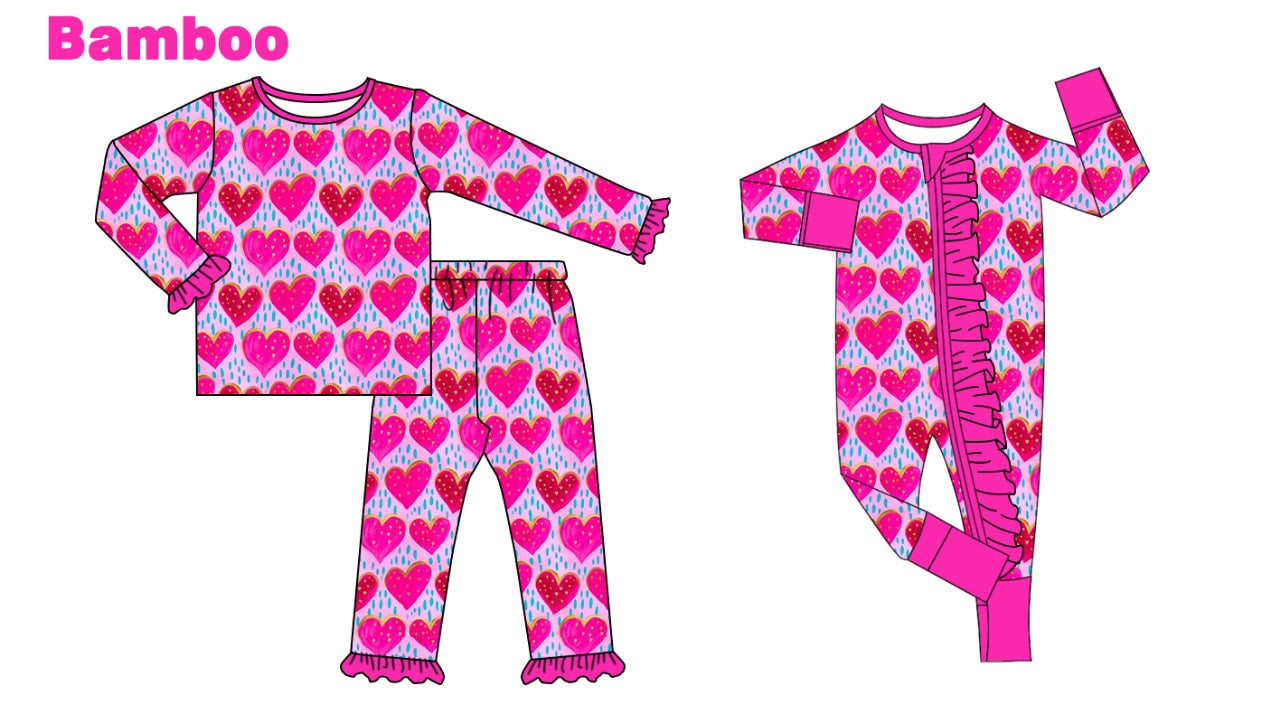 (Custom Design Preorder MOQ 20 Each Design) Heart Print Girls Valentine's Day Pajamas Matching Bamboo Clothes Sisters Wear