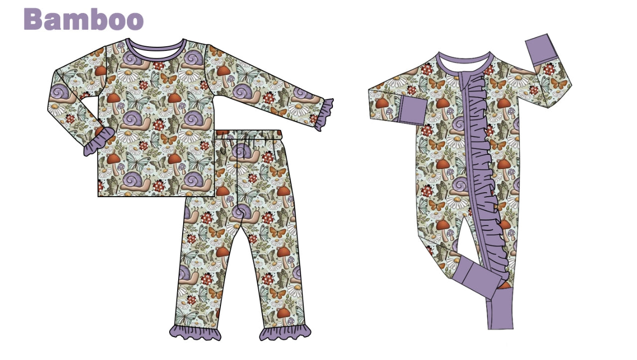 (Custom Design Preorder MOQ 20 Each Design) Flowers Snails Print Girls Pajamas Matching Bamboo Clothes Sisters Wear