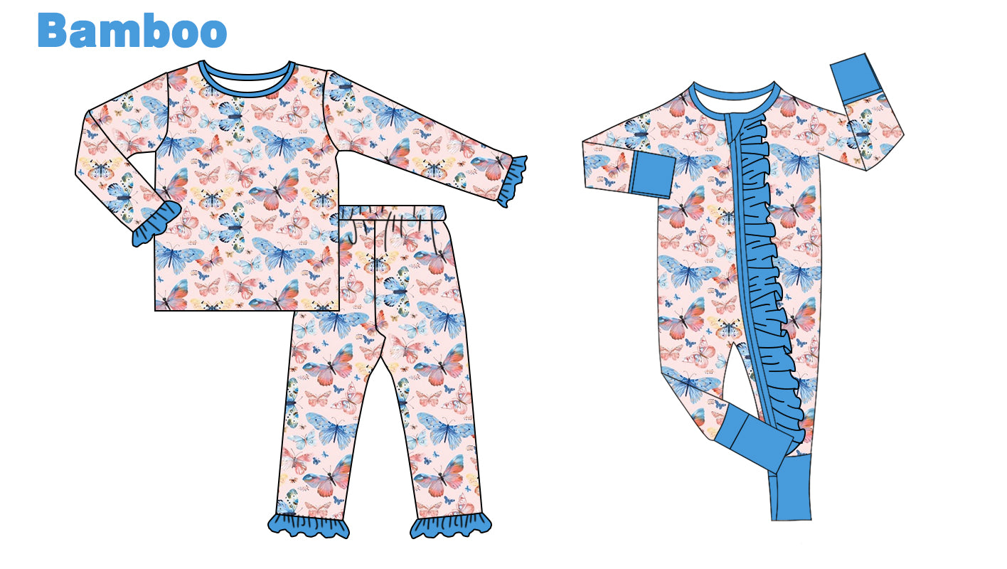 (Custom Design Preorder MOQ 20 Each Design) Butterfly Print Girls Pajamas Matching Bamboo Clothes Sisters Wear