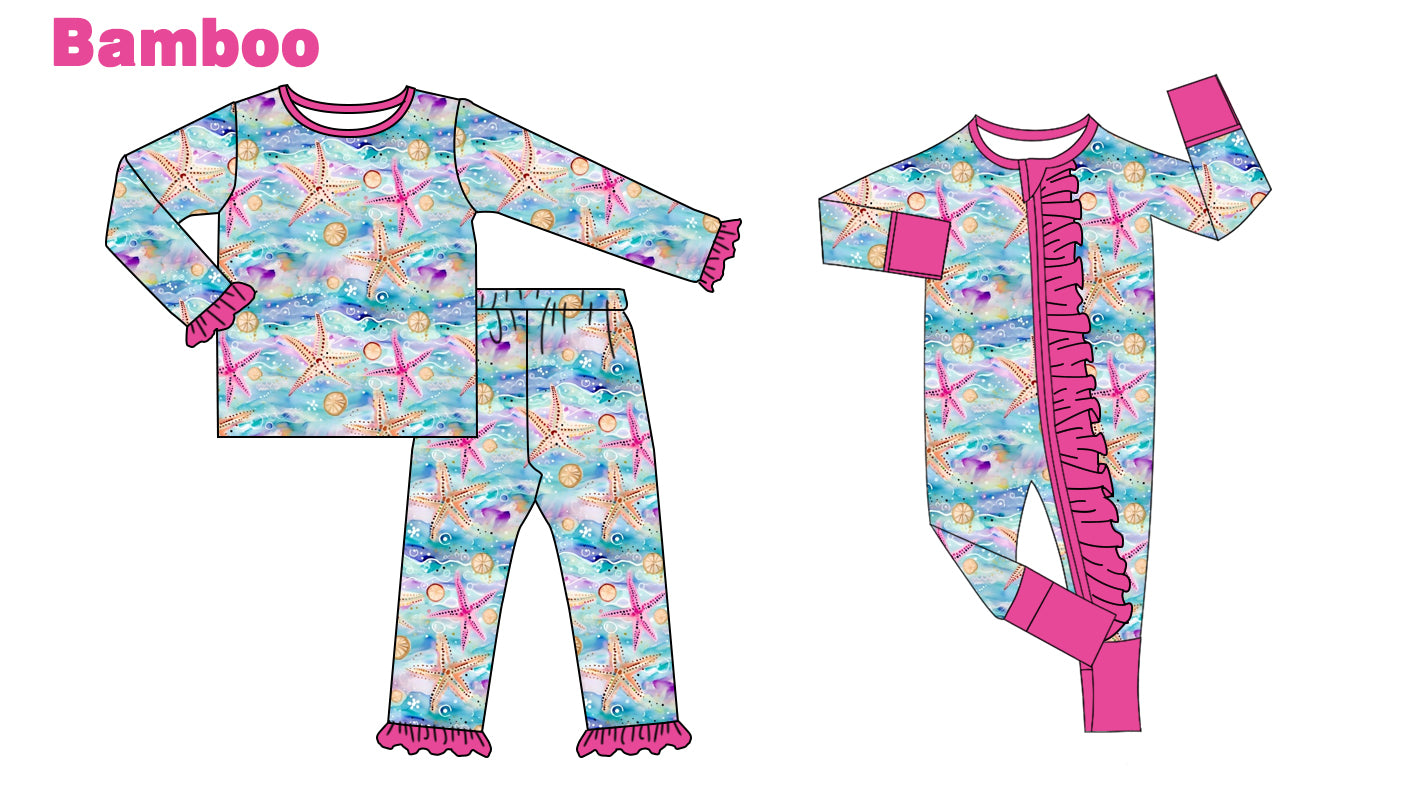 (Custom Design Preorder MOQ 20 Each Design) Starfish Print Girls Pajamas Matching Bamboo Clothes Sisters Wear