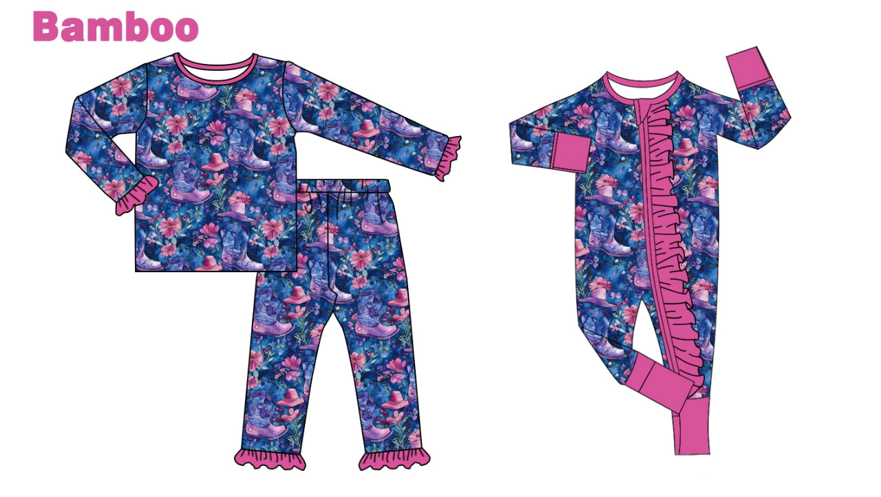 (Custom Design Preorder MOQ 20 Each Design) Flowers Boots Print Girls Fall Pajamas Matching Bamboo Clothes Sisters Wear
