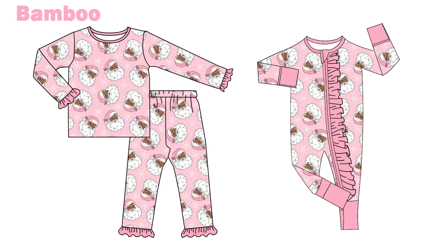 (Custom Design Preorder MOQ 20 Each Design) Santa Print Girls Christmas Pajamas Matching Bamboo Clothes Sisters Wear