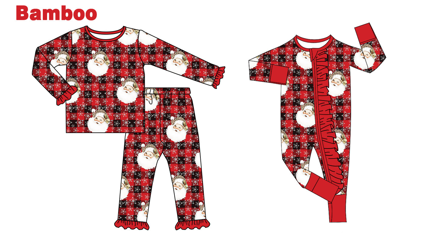 (Custom Design Preorder MOQ 20 Each Design) Santa Plaid Print Girls Christmas Pajamas Matching Bamboo Clothes Sisters Wear