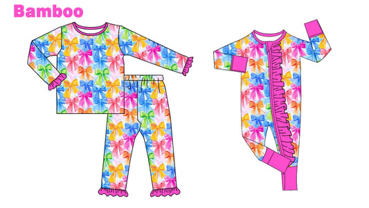 (Custom Design Preorder MOQ 20 Each Design) Colorful Bows Print Girls Pajamas Matching Bamboo Clothes Sisters Wear
