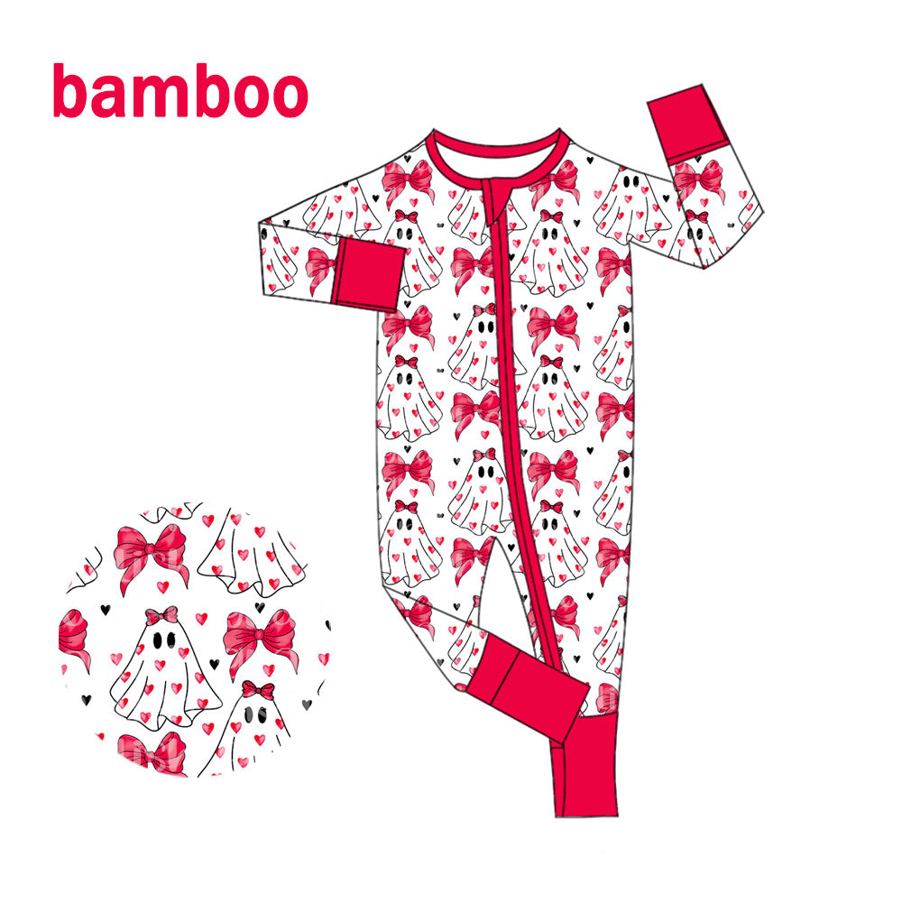 (Custom Design Preorder MOQ 20) Ghost Bows Print Baby Girls Halloween Long Sleeve Bamboo Sleeper Zipper Romper