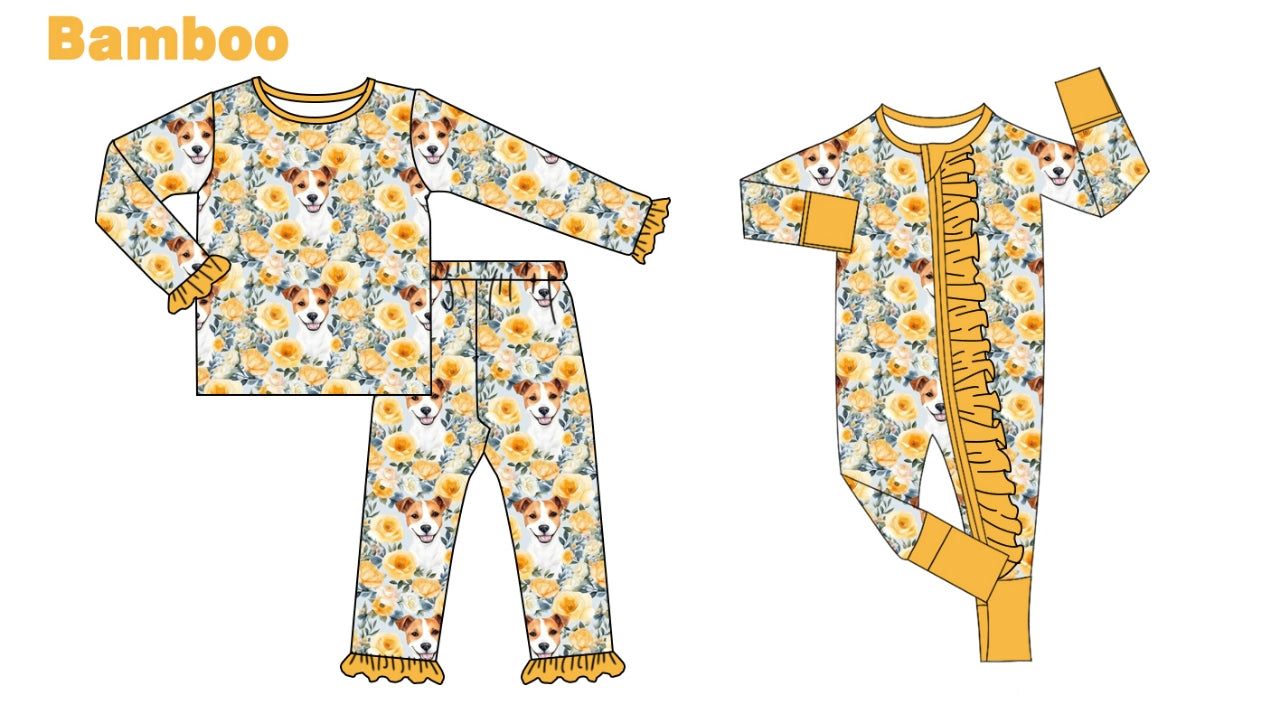 (Custom Design Preorder MOQ 20 Each Design) Flowers Dog Print Girls Fall Pajamas Matching Bamboo Clothes Sisters Wear
