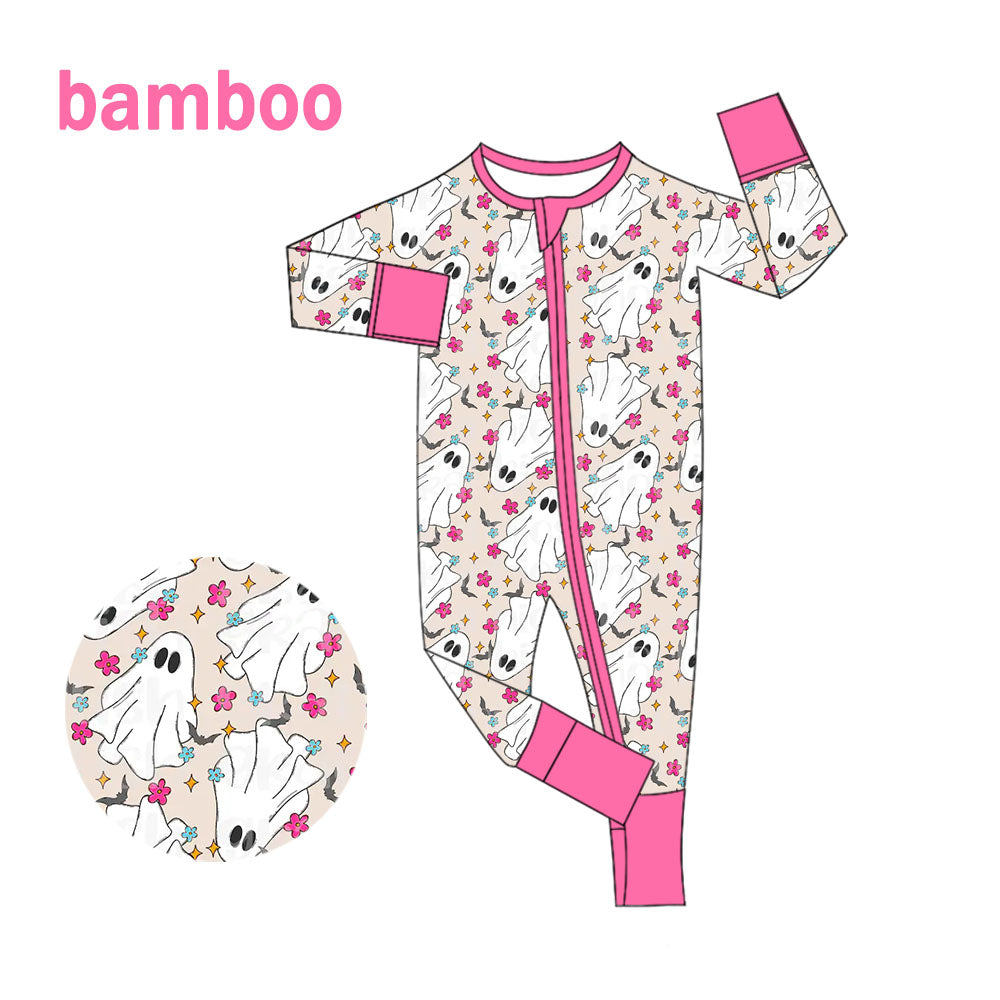(Custom Design Preorder MOQ 20) Ghost Flowers Print Baby Girls Halloween Long Sleeve Bamboo Sleeper Zipper Romper