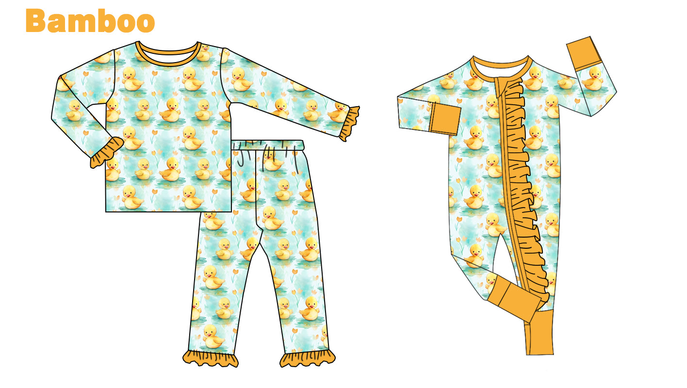 (Custom Design Preorder MOQ 20 Each Design) Flowers Duck Print Girls Fall Pajamas Matching Bamboo Clothes Sisters Wear