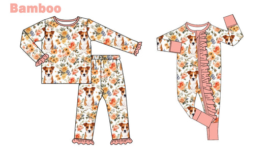 (Custom Design Preorder MOQ 20 Each Design) Flowers Dog Print Girls Fall Pajamas Matching Bamboo Clothes Sisters Wear