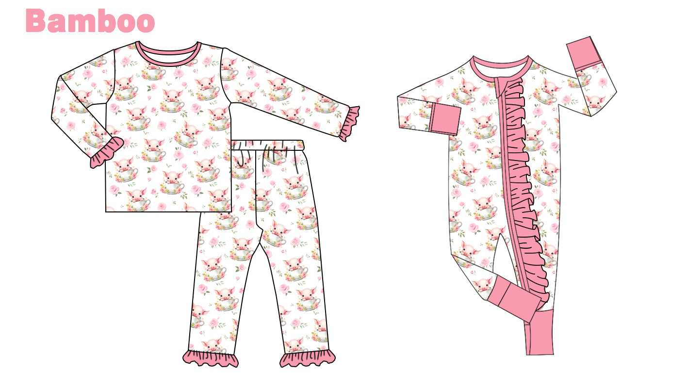 (Custom Design Preorder MOQ 20 Each Design) Flowers Pig Print Girls Fall Pajamas Matching Bamboo Clothes Sisters Wear