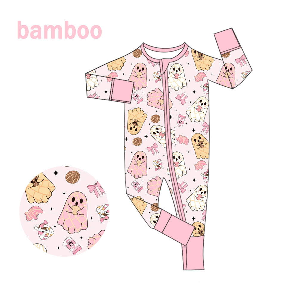 (Custom Design Preorder MOQ 20) Ghost Bows Print Baby Girls Halloween Long Sleeve Bamboo Sleeper Zipper Romper