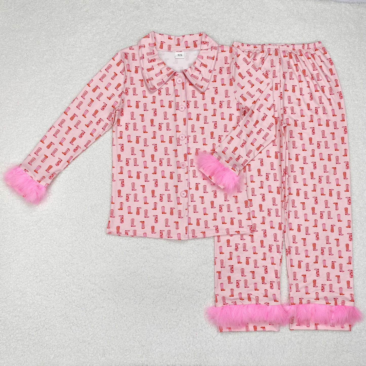Boots Pink Western Print Mom and Me Matching Buttons Fur Pajamas Clothes Set