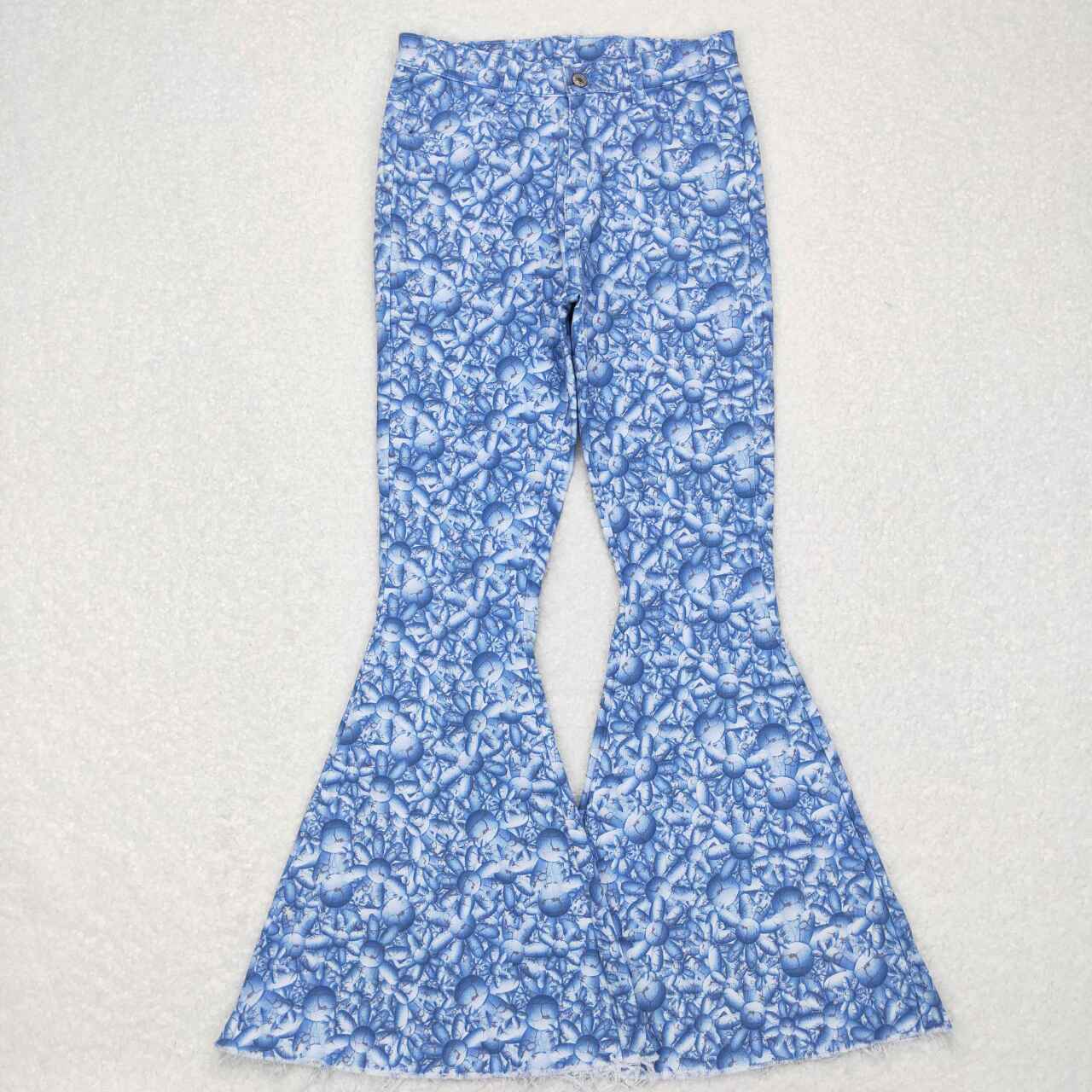 P0297 Adult Blue Flowers Print Denim Bell Bottom Jeans