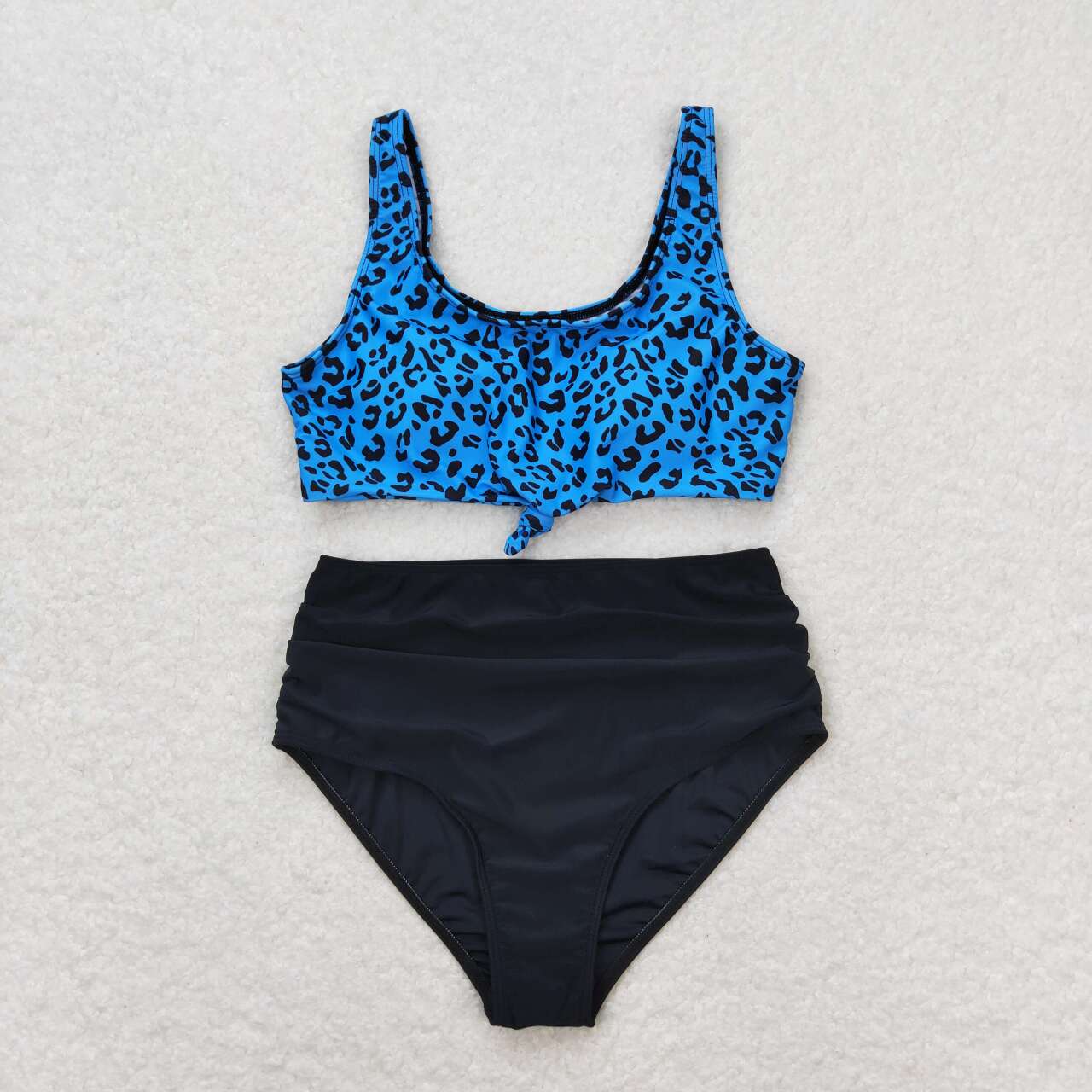 S0290 Adult Blue Leopard Top Black Trunks Woman 2 Pieces Swimsuits