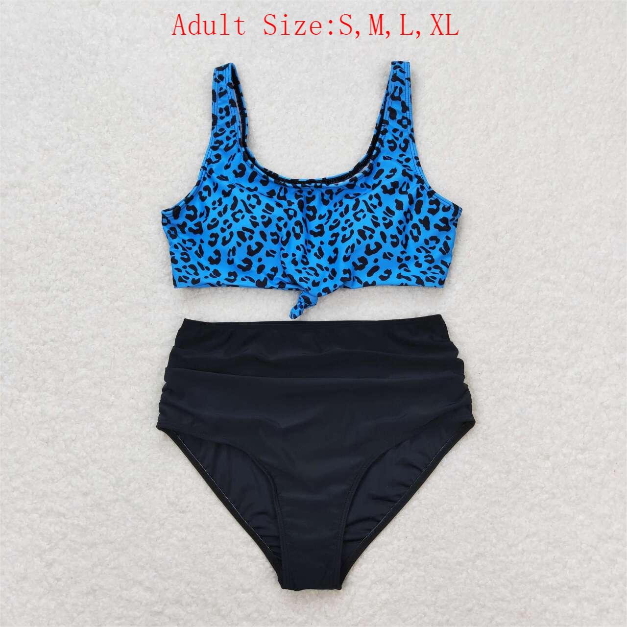 S0290 Adult Blue Leopard Top Black Trunks Woman 2 Pieces Swimsuits