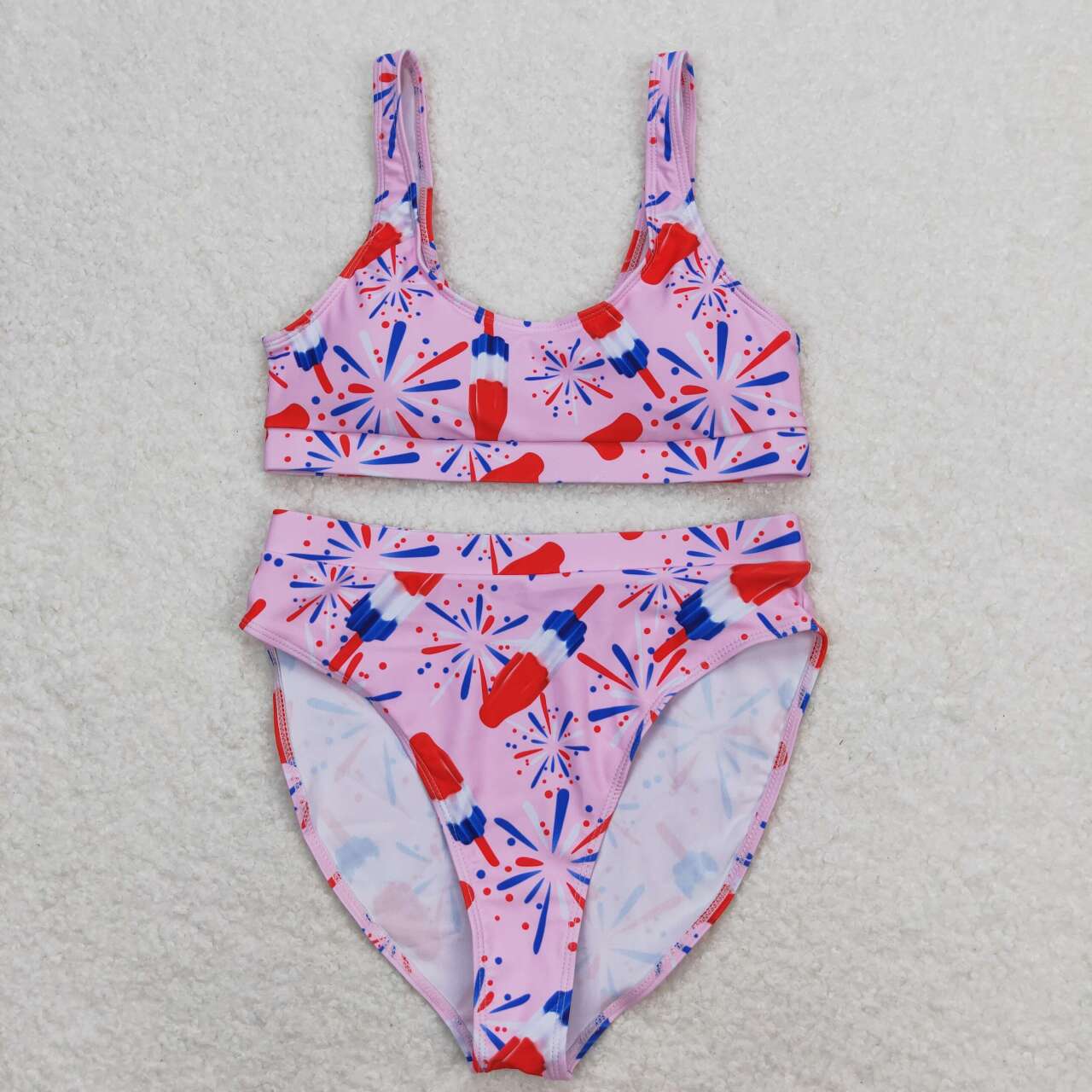 S0334 Adult Fireworks Popsicle Pink Print Woman 2 Pieces 4th of July Swimsuits