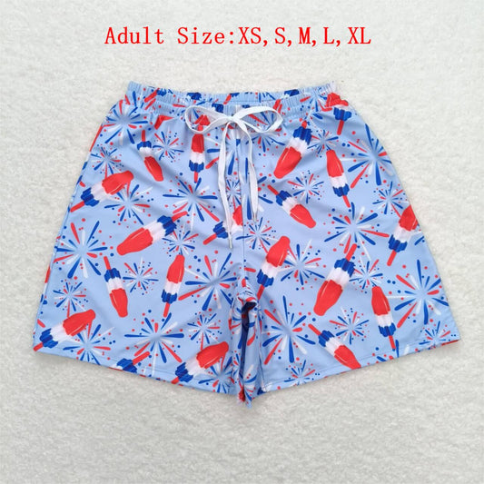 S0335 Adult Fireworks Popsicle Blue Print Man 4th of July Swim Trunks