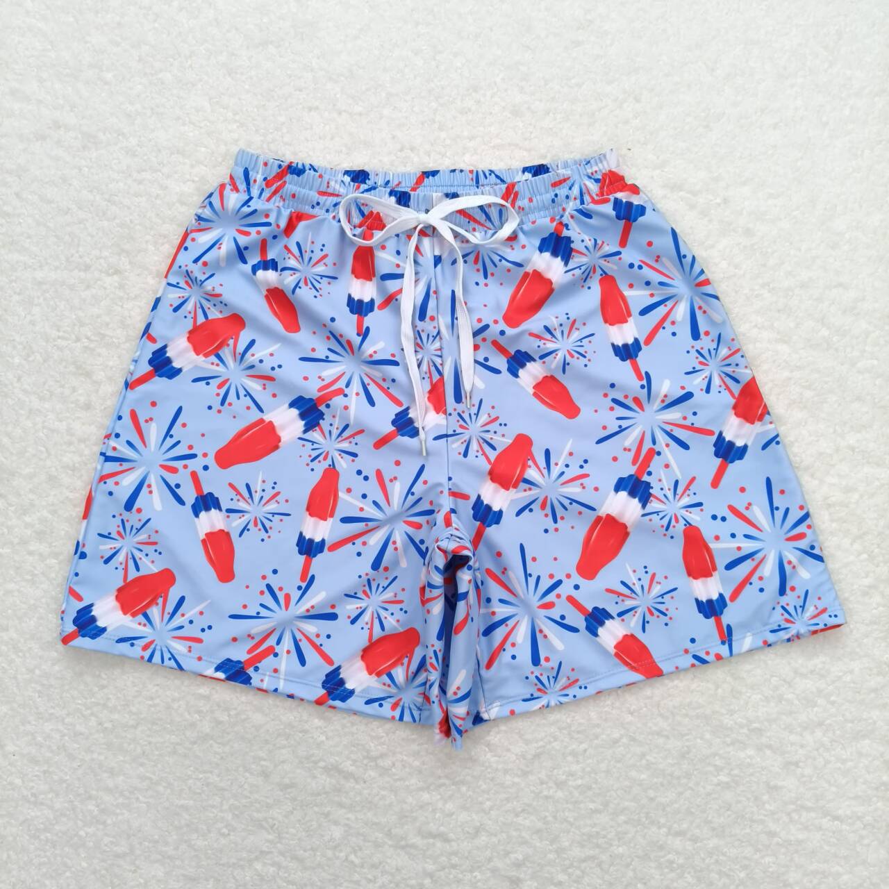 S0335 Adult Fireworks Popsicle Blue Print Man 4th of July Swim Trunks