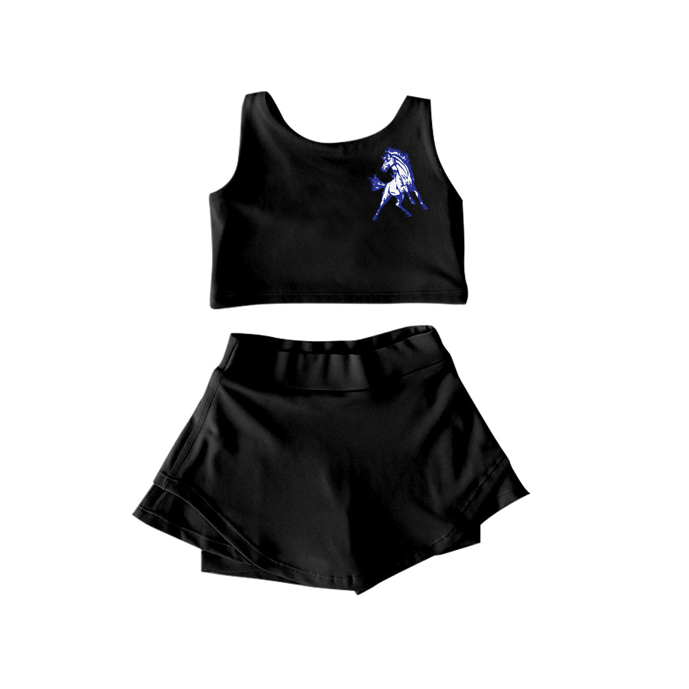 (Custom Design Preorder MOQ 5) Team's Mustangs Black Print Shorts Skirts Girls Summer Yoga Clothes Set