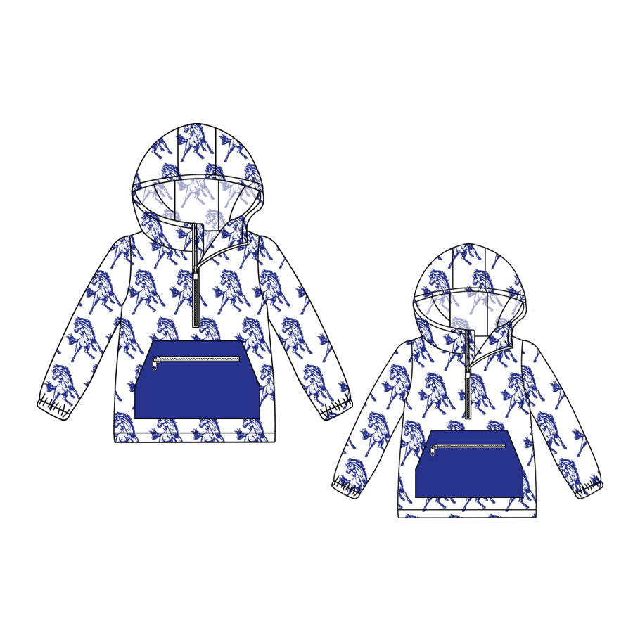 (Custom Design Preorder MOQ 5) Team's Allen East Mustangs Print Kids Fall Zipper Hoodie Top Mom and Me Matching Clothes