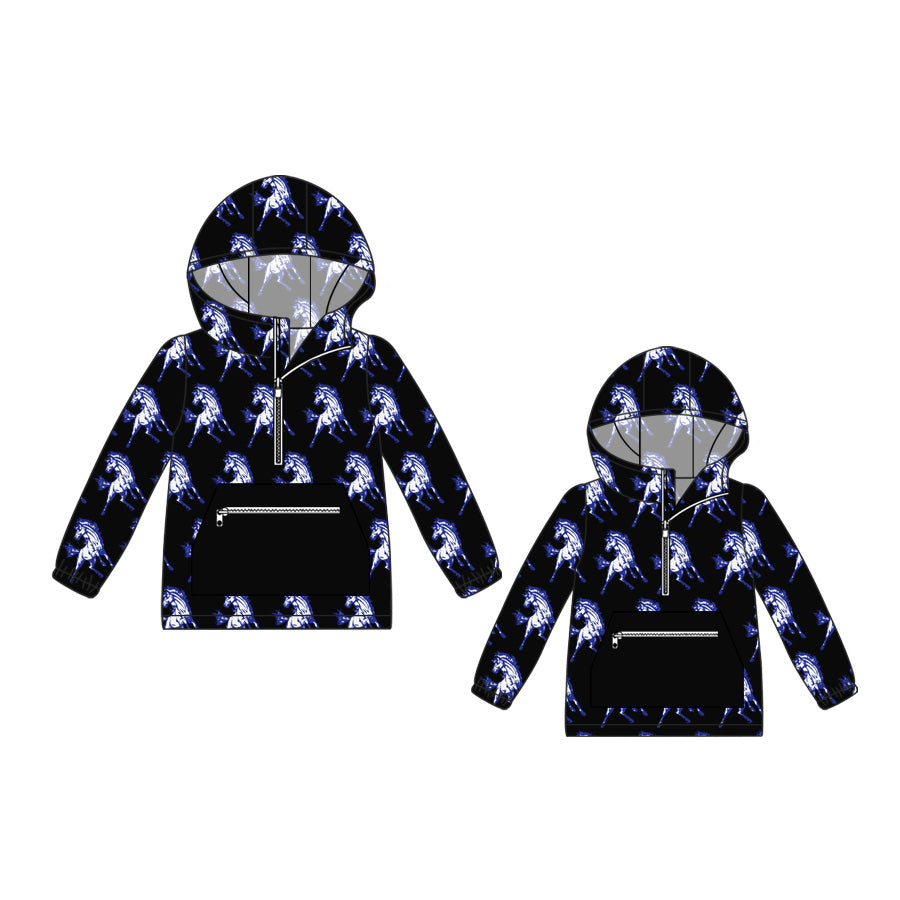 (Custom Design Preorder MOQ 5) Team's Allen East Mustangs Black Print Kids Fall Zipper Hoodie Top Mom and Me Matching Clothes