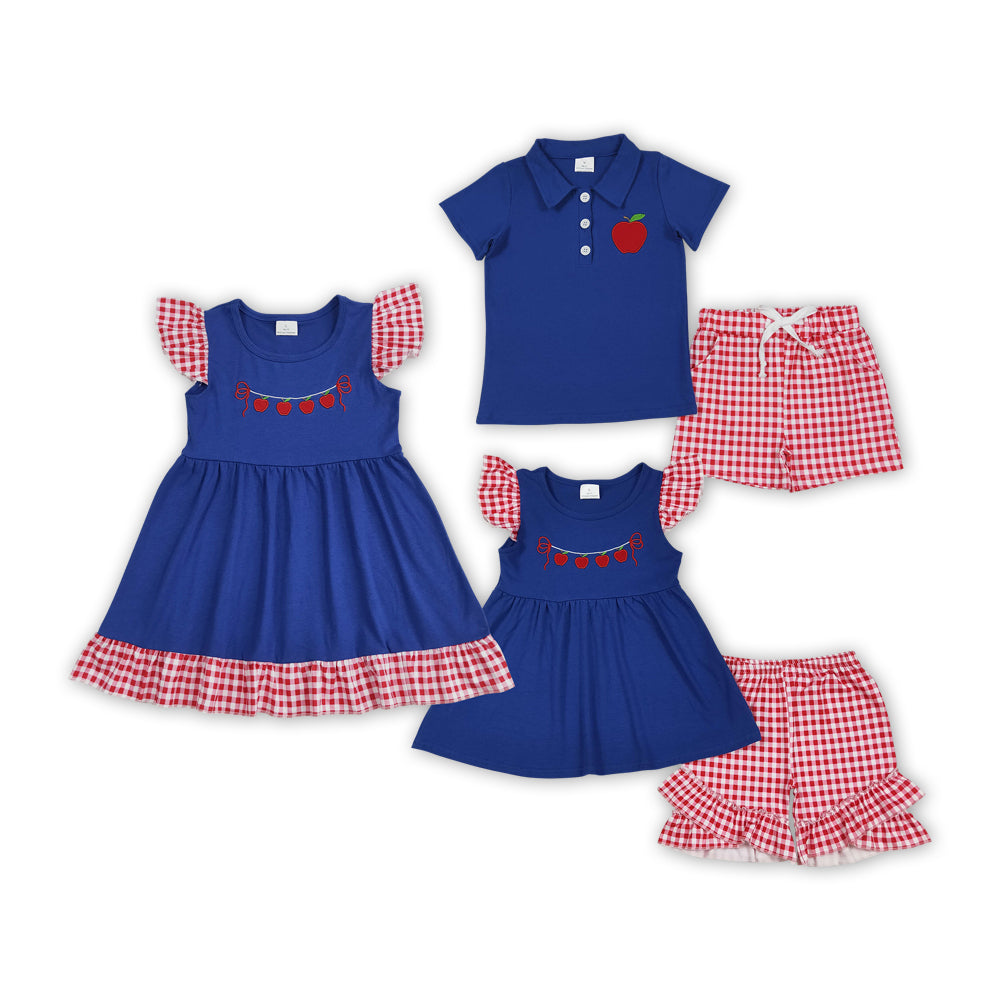 Apple Embroidery Blue Top Red Plaid Shorts Kids Back to School Clothes Sibling Wear