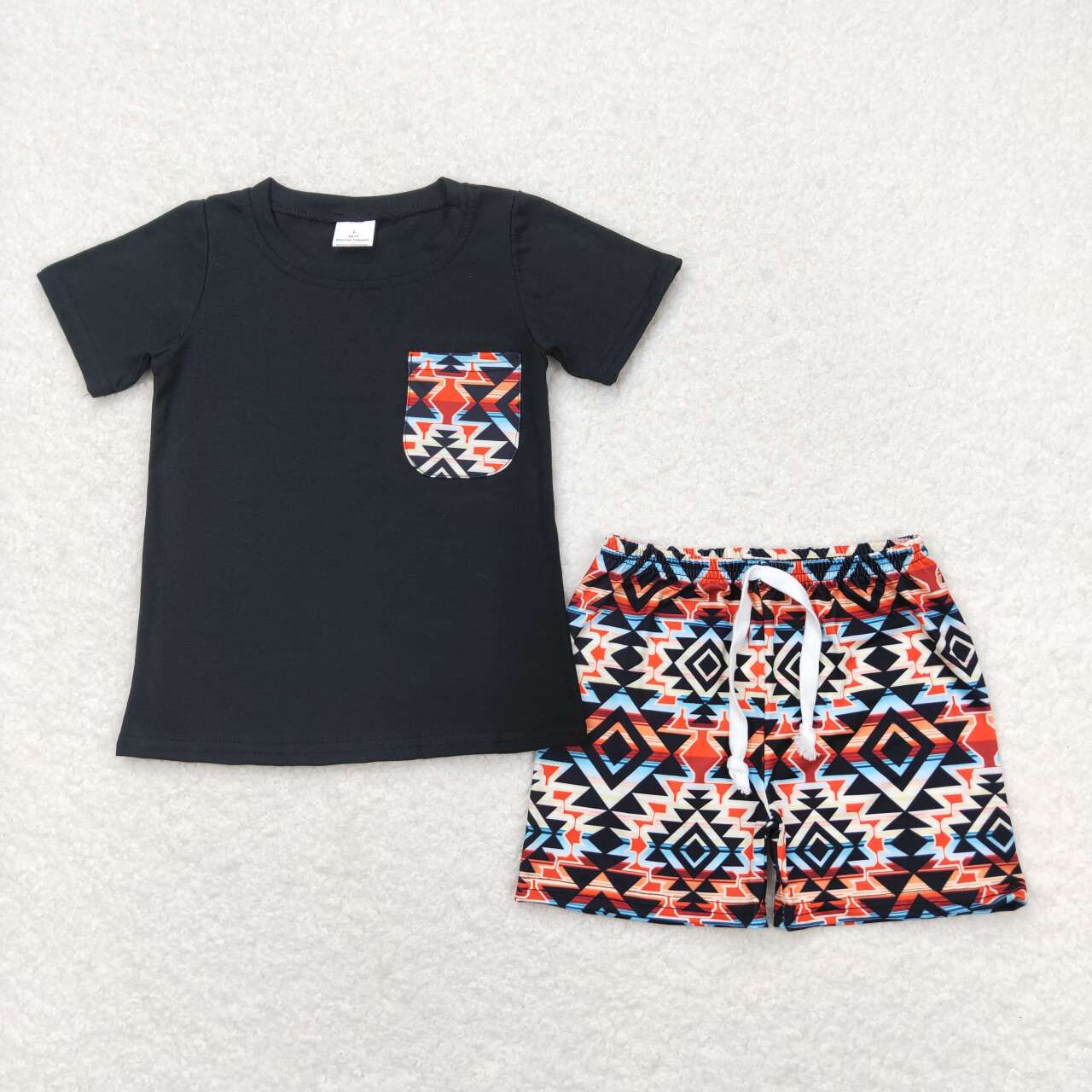 BSSO0678 Black Pocket Top Aztec Shorts Boys Summer Western Clothes Set