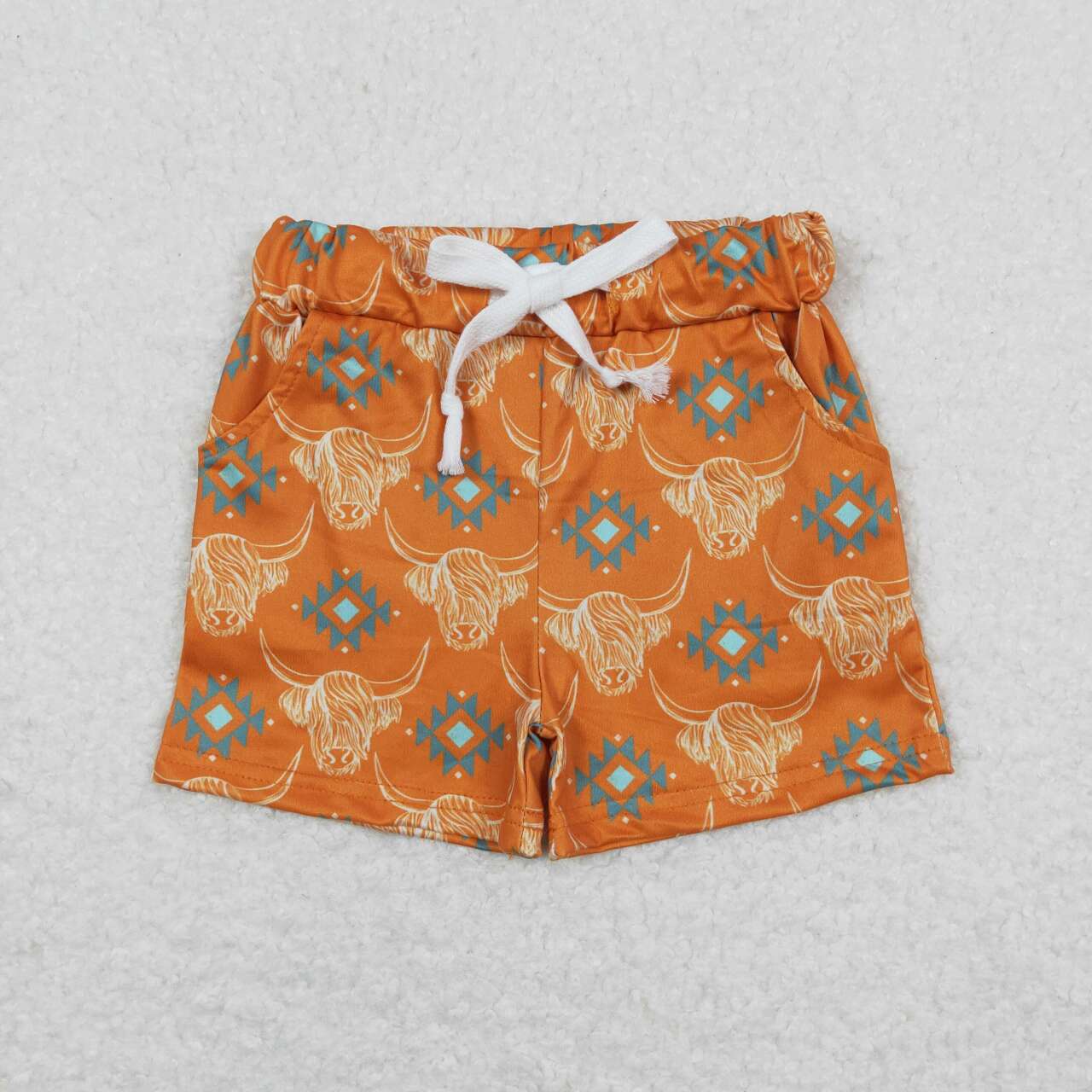 SS0208 Highland Cow Aztec Print Boys Summer Western Shorts